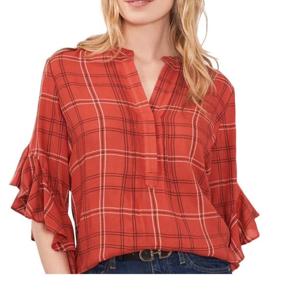 Vince Camuto Plaid Ruffle Sleeve Pin Tuck Relaxed Blouse Women's Sz XS Apple Red - Picture 7 of 7